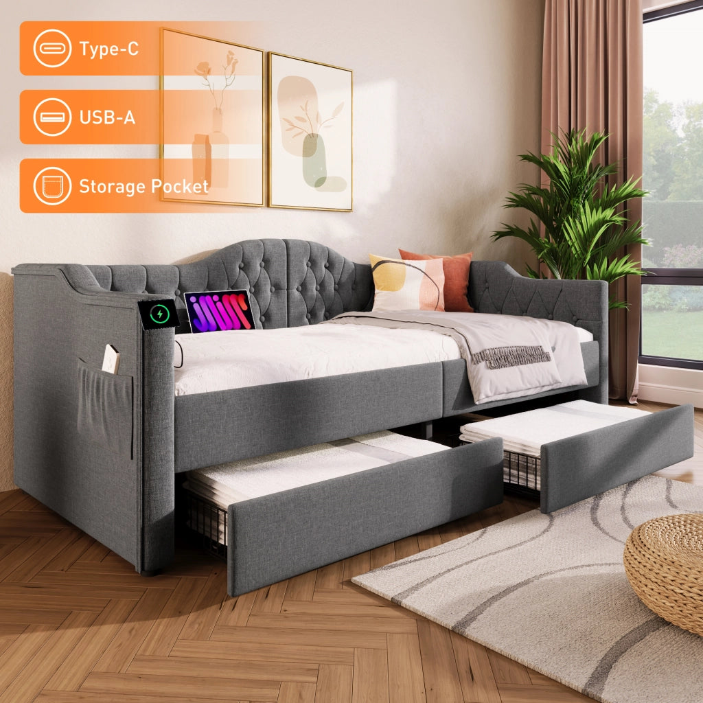 LETTO Daybed 90x200 cm in Lino Grigio con USB Type C e 2 cassetti