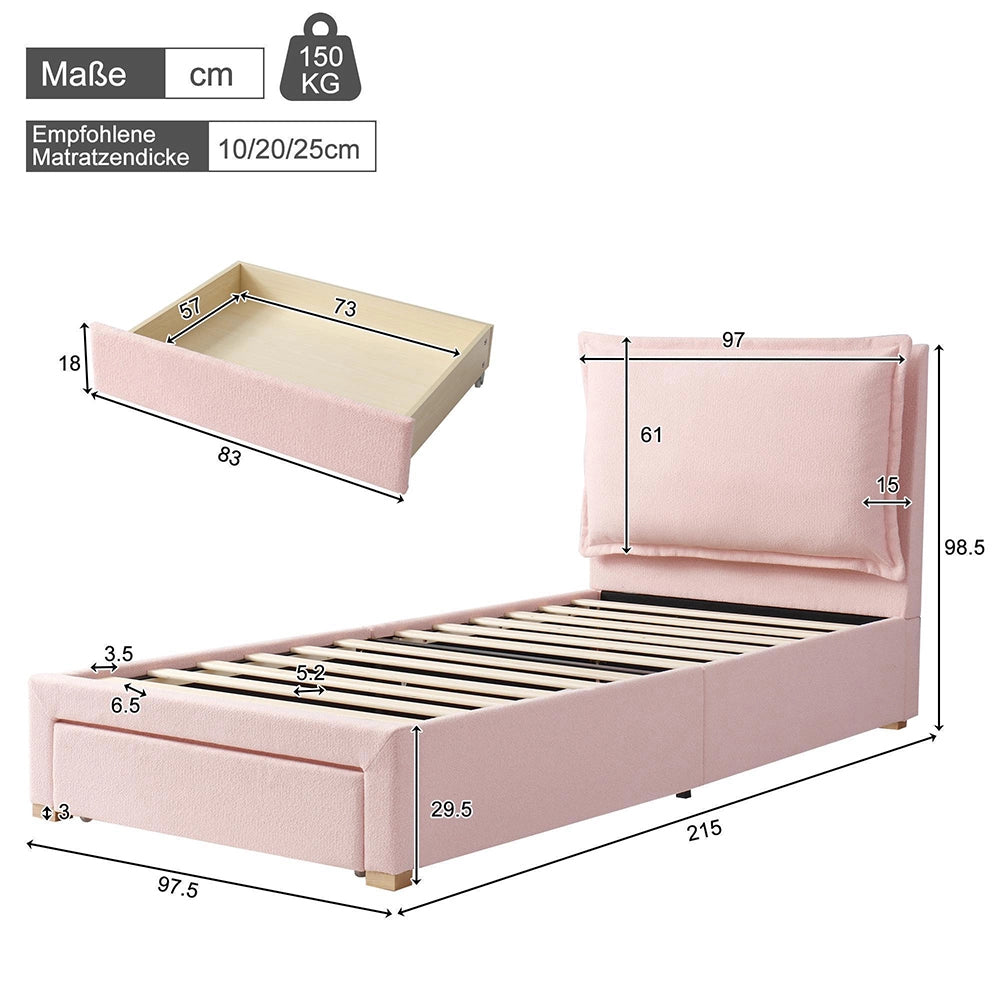 Letto imbottito 90x200cm - Xylo - testiera chenille rosa