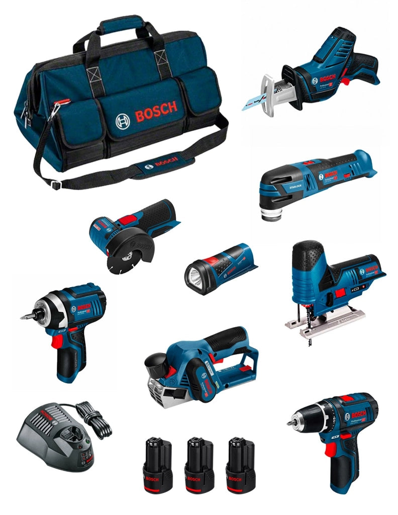 BOSCH Kit BMKB8-28DD3 (GSR12V-15+GDR12V-105+GWS12V-76+GST12V-70+GOP12V-28+GSA12V-14+GLI12V-80+GHO12V-20+3x2,0Ah+GAL1230CV+HDBAG)