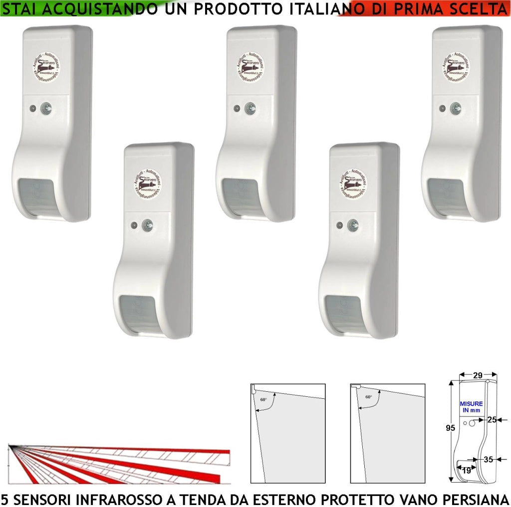 Infrarosso Dual Pir Tenda Esterno Protetto 5 Sensori Che Rilevano Intruso Invia Allarme Portata 8 MT 60° Vert. 7° Orizont. Aliment. 12 V Assorbim. 10 mA Antifurto Vano Persiana Cover Bianco ABS IP31