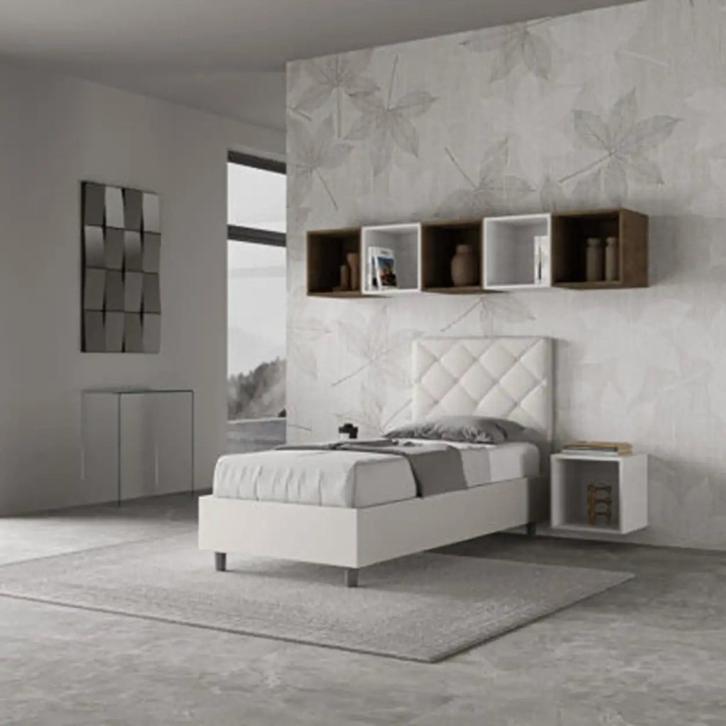 Letto singolo con rete imbottito 90x200 similpelle bianco Priya