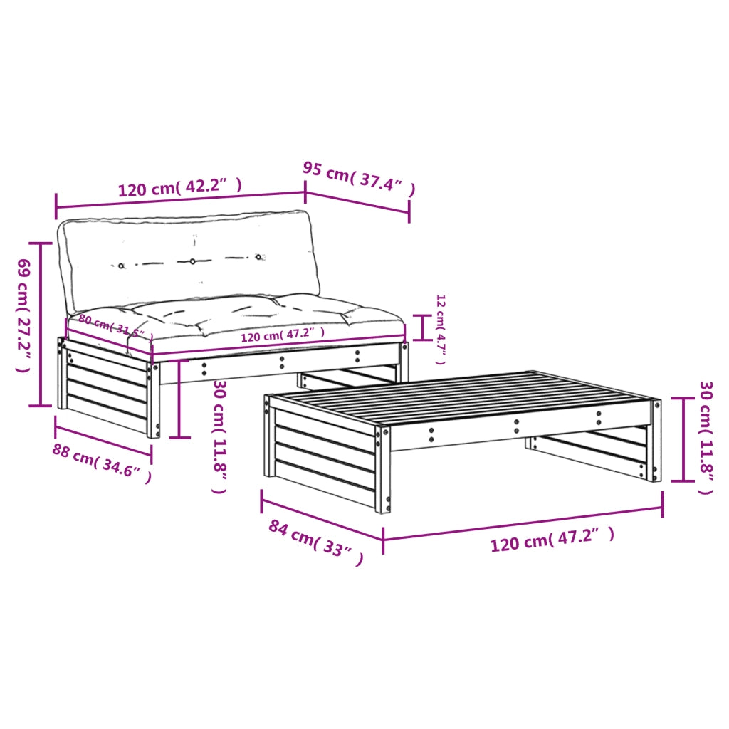 Set Divani da Giardino 2pz | Set Salotto da Giardino con Cuscini in Legno Massello Bianco
