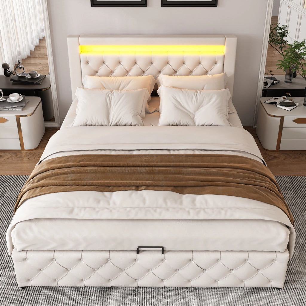 DESMIU Letto contenitore 160 × 200 cm 2 posti con LED regolabile e vano contenitore, senza materasso, in PU, bianco