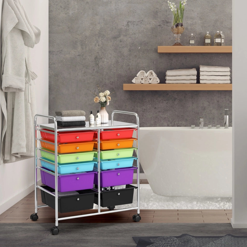 Carrello con 12 cassetti in plastica da ufficio e domestico, Carrello multiuso 64x38x75cm Colorato-Armadi da ufficio