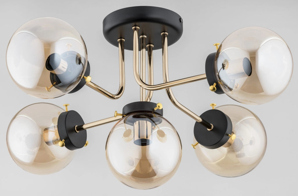 Plafoniera moderna nero oro sfere ambra 5xE14 Alfa