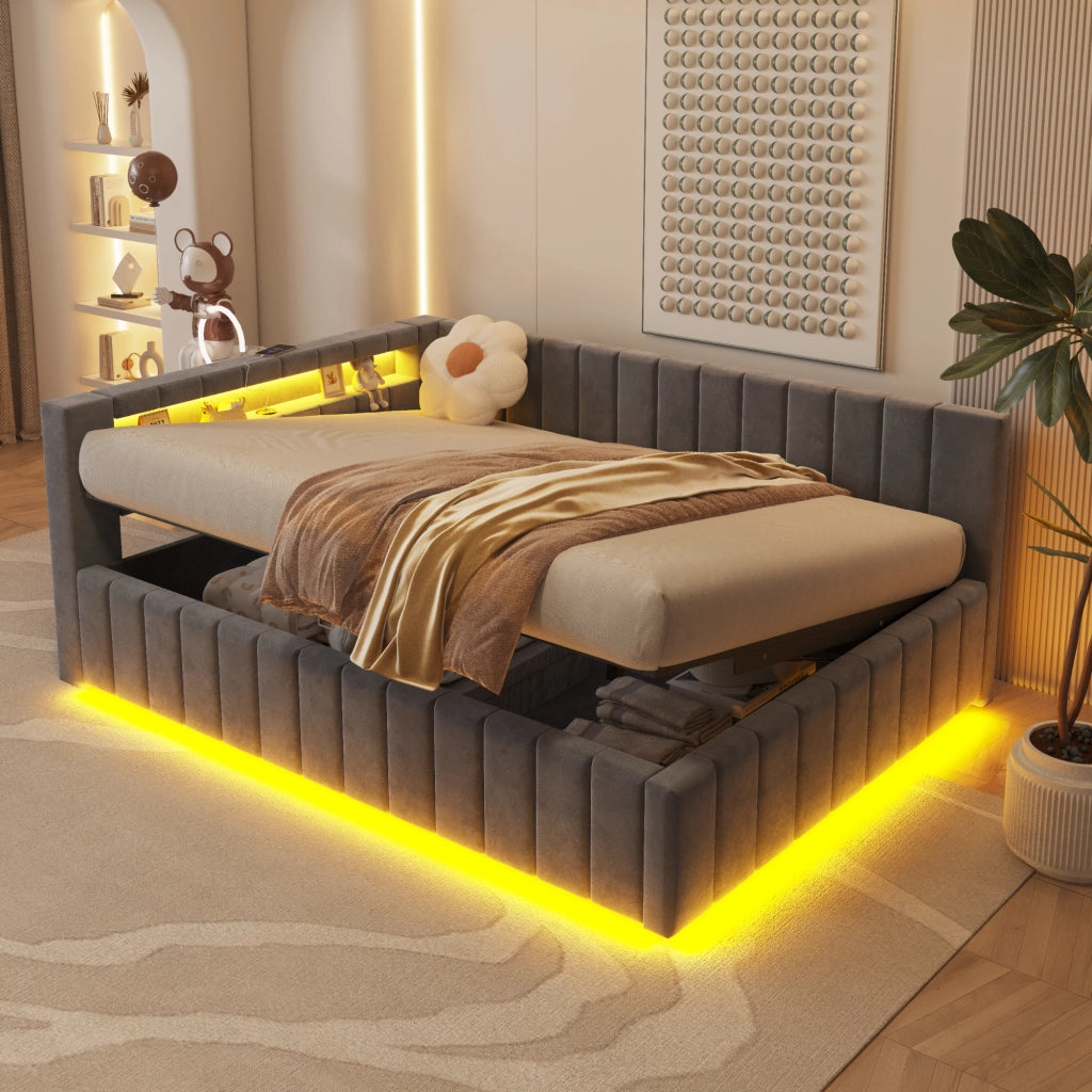 LETTO Contenitore 140x200 cm in velluto grigio con LED e USB