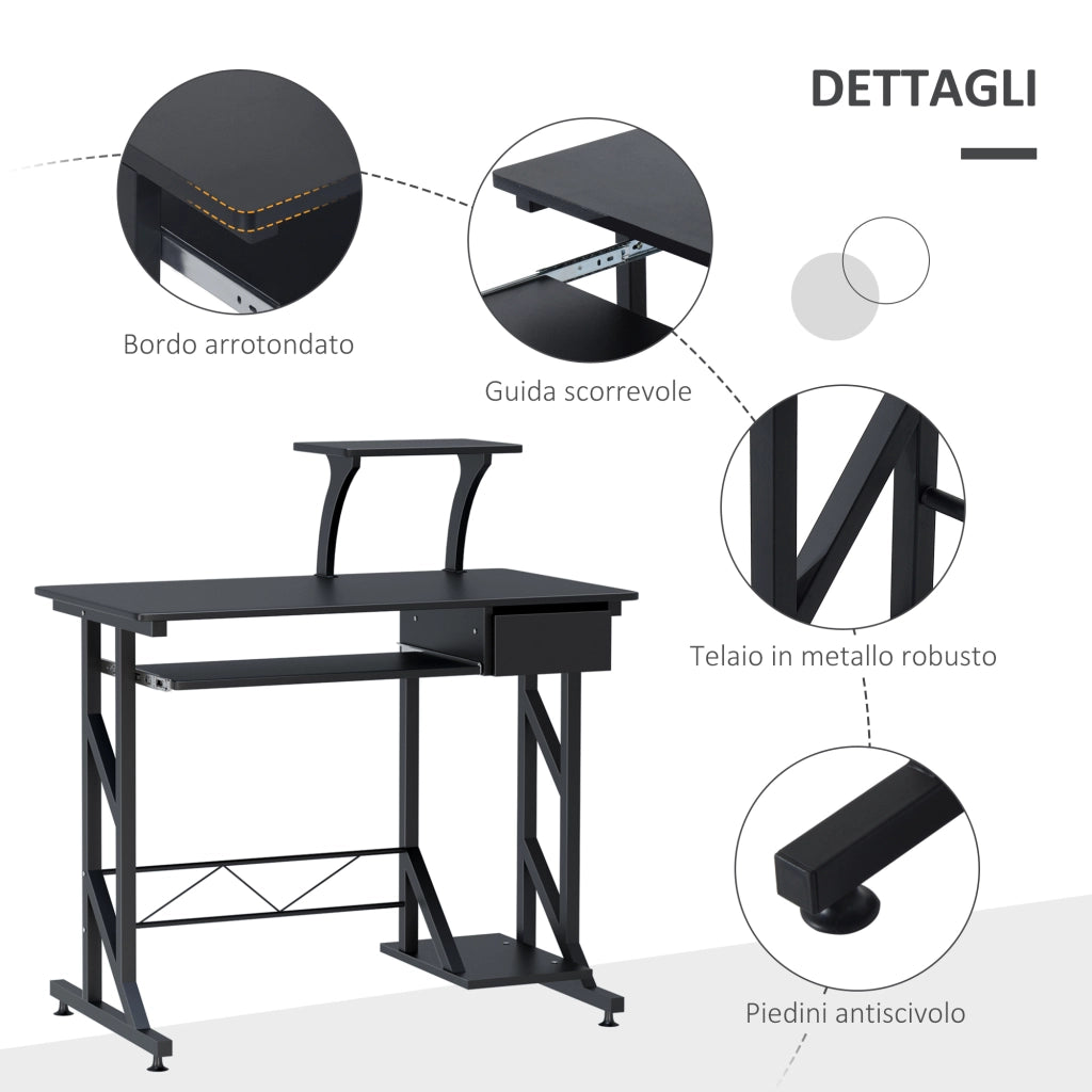 Scrivania da Ufficio con Cassetto e Ripiano Tastiera ¨C Zephmum ¨C Nero, Acciaio e Legno, 90x50x100 cm