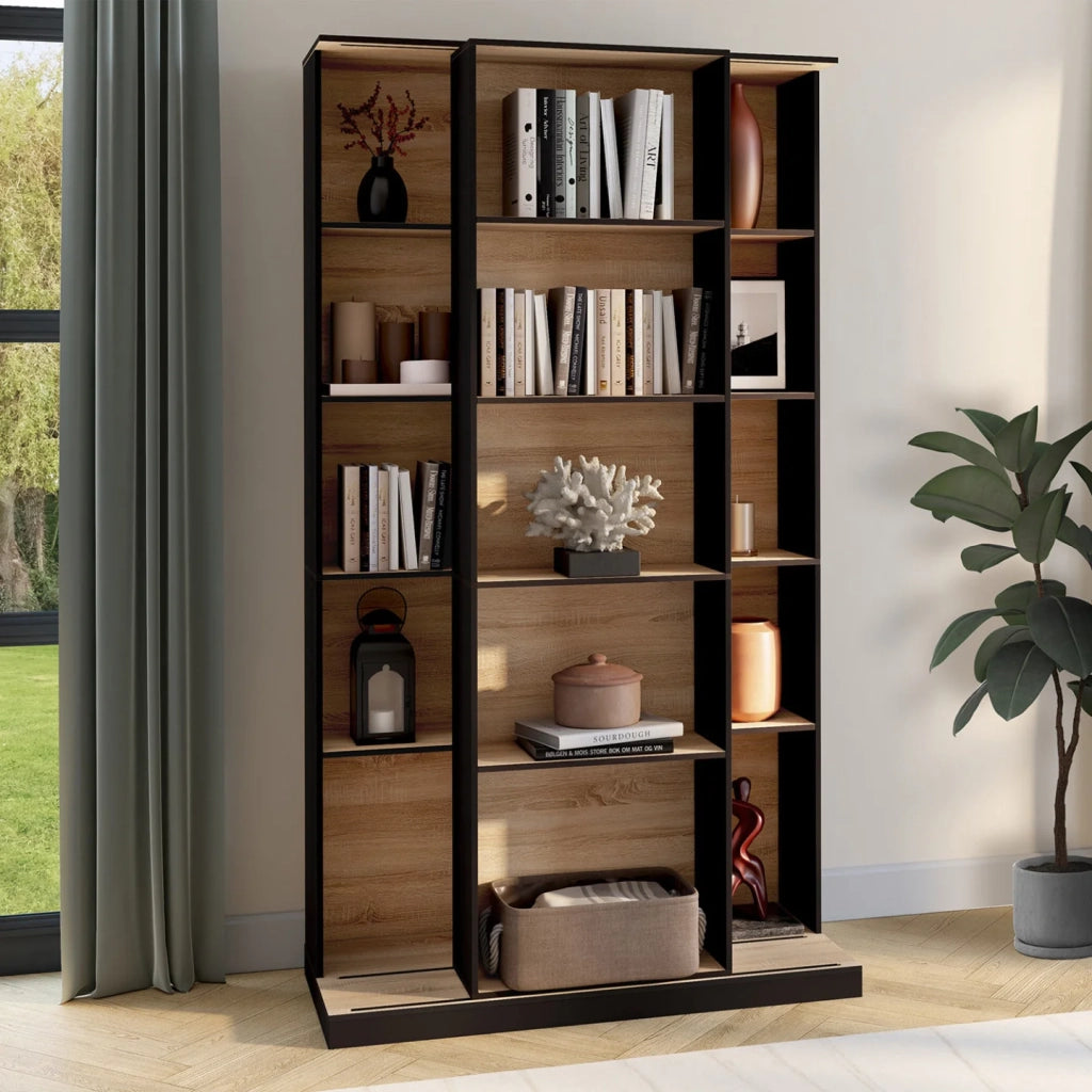 IDMarket - ALPHONSE Libreria scorrevole in legno e nero a 5 livelli e 15 nicchie