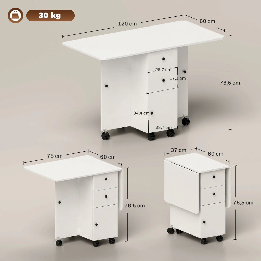 Tavolo da pranzo pieghevole con 2 cassetti e 1 ripiano ¨C Minimal ¨C bianco