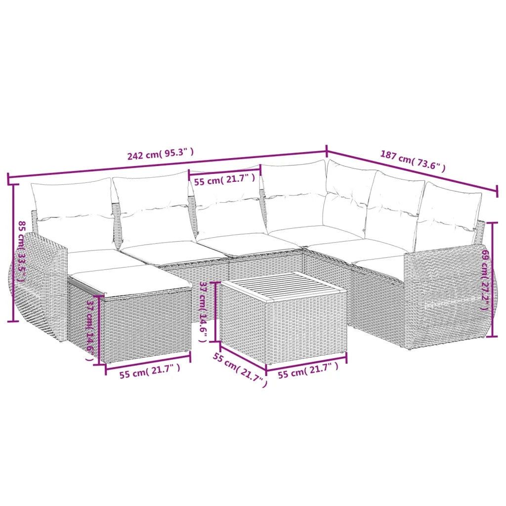 Set Divano da Giardino 8 pz con Cuscini Beige in Polyrattan