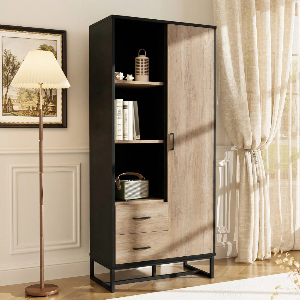 Mobile contenitore con anta 2 cassetti e 3 vani aperti in MDF nero e effetto legno per soggiorno 80 × 40 × 180 cm