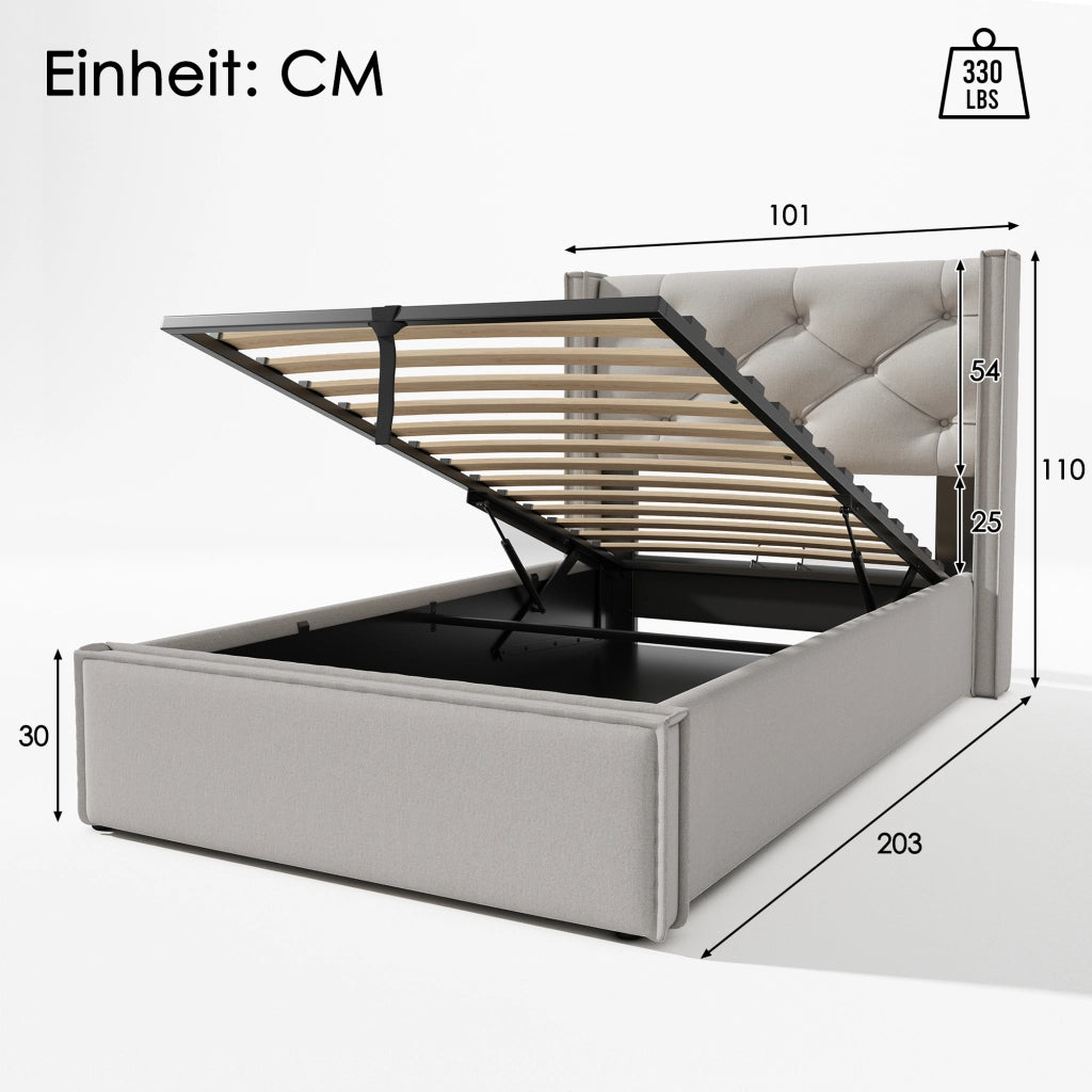 LETTO Imbottito 90x200 cm Grigio Chiaro in Cotone con contenitore