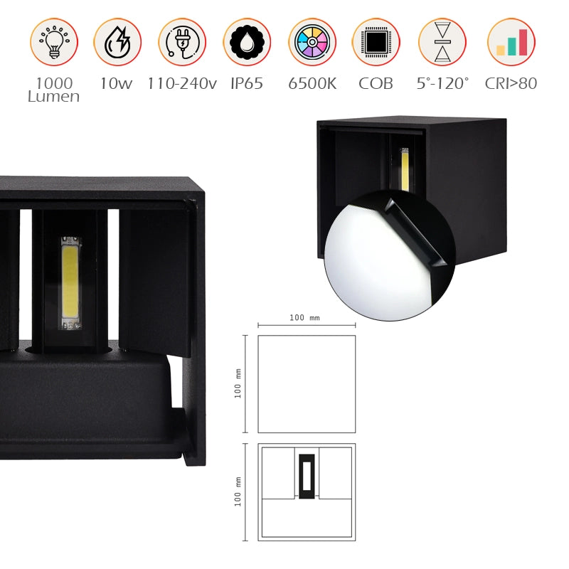 APPLIQUE LED CUBO NERO 10W LUCE FREDDA 6500K° CON DOPPIA EMISSIONE - DESIGN MODERNO IP65 PER ESTERNI