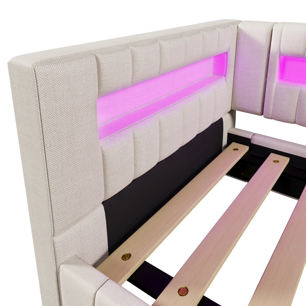 Daybed 90x200 cm in lino beige con LED, USB+TYPE-C e contenitore idraulico