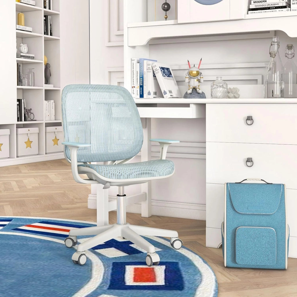 Sedia da Scrivania per Bambini, Sedia Girevole per Computer con Altezza Regolabile, Ruote con Freno, Braccioli Morbidi, Mobile Ergonomica per Bambini 6-15 Anni (Blu)