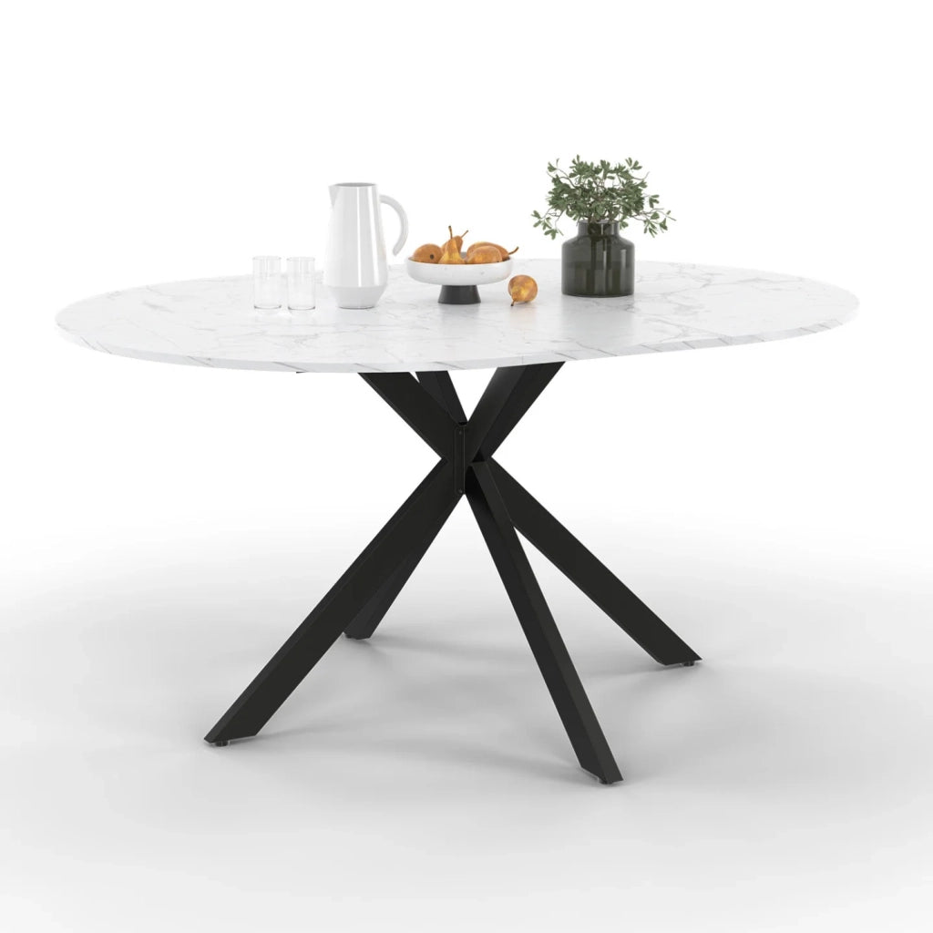 IDMarket - Tavolo da pranzo rotondo allungabile ALIX per 4-8 persone, con gambe a ragnatela nere e piano effetto marmo bianco ALASKA 110-15