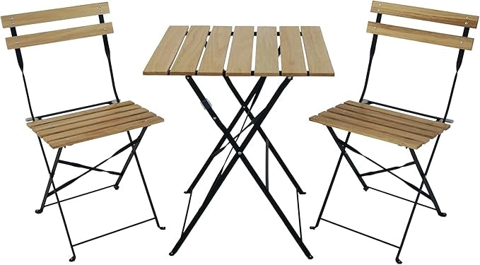 Set Tavolo e 2 Sedie Pieghevoli Coco in Legno e Metallo Nero