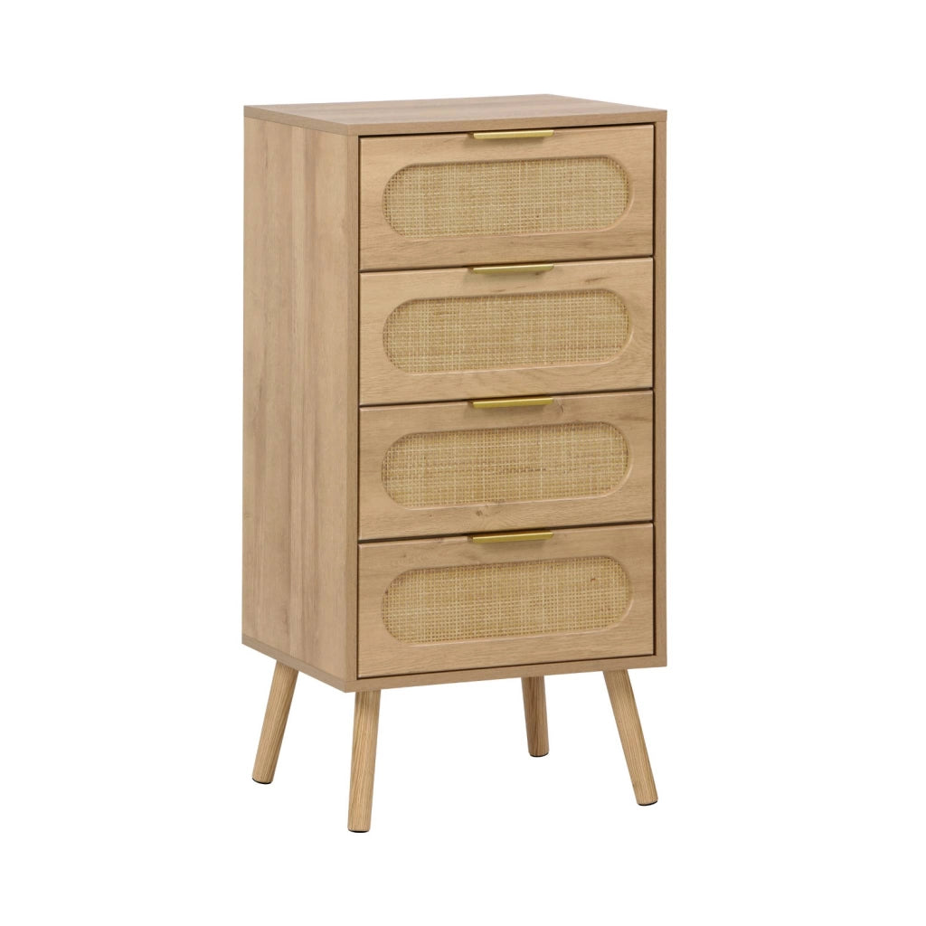 Cassettiera decorata legno con 4 cassetti, marrone naturale