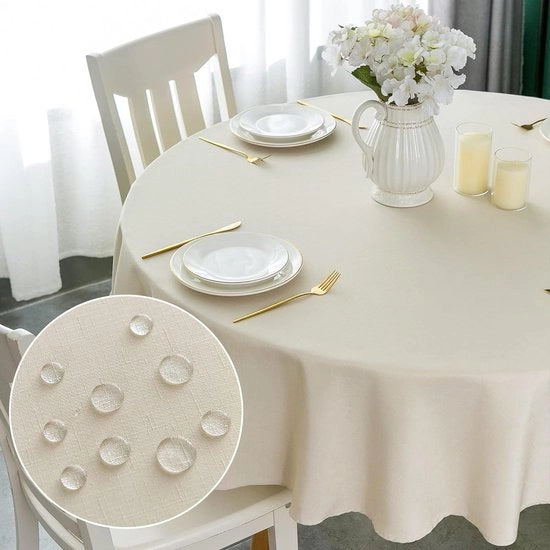 Tavolo copri tavola, impermeabile, beige, diametro 150 cm, acqua resistente, poliestere, stile lino per tavolo, sala da pranzo, ristorante, protezione (beige, diametro 150 cm)