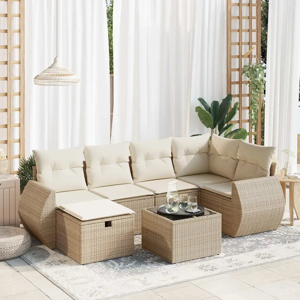 Set Divani da Giardino 7 pz con Cuscini Beige in Polyrattan 3325594