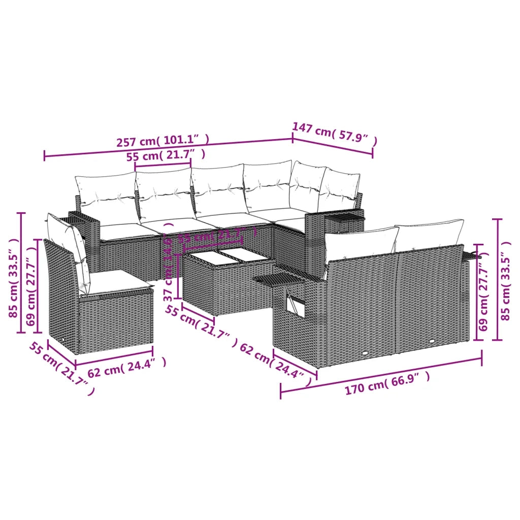 Set Divano da Giardino 9 pz con Cuscini Beige in Polyrattan 3220448