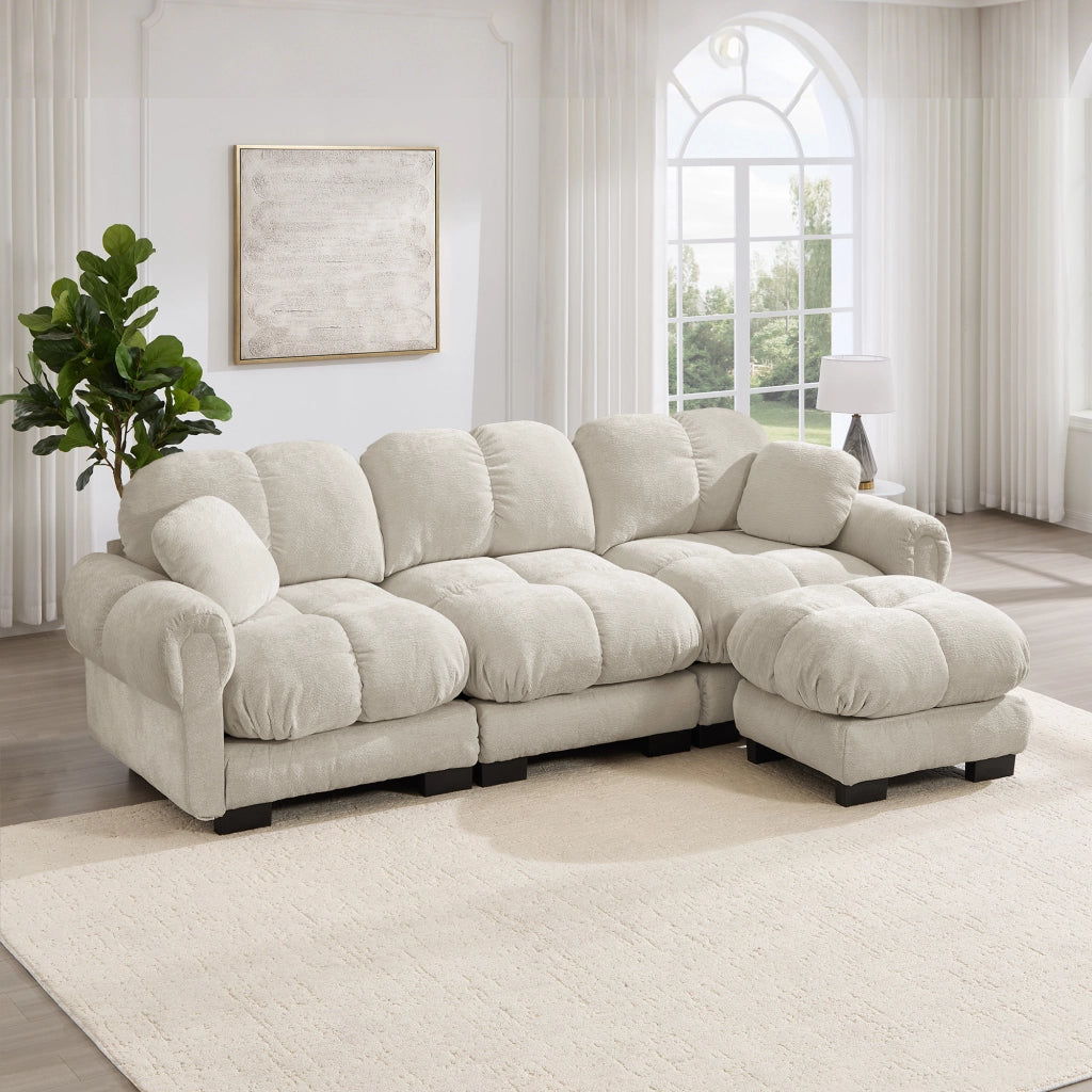 Divano angolare 3 posti modulare con pouf mobile e cuscino, in Ciniglia, Beige chiaro