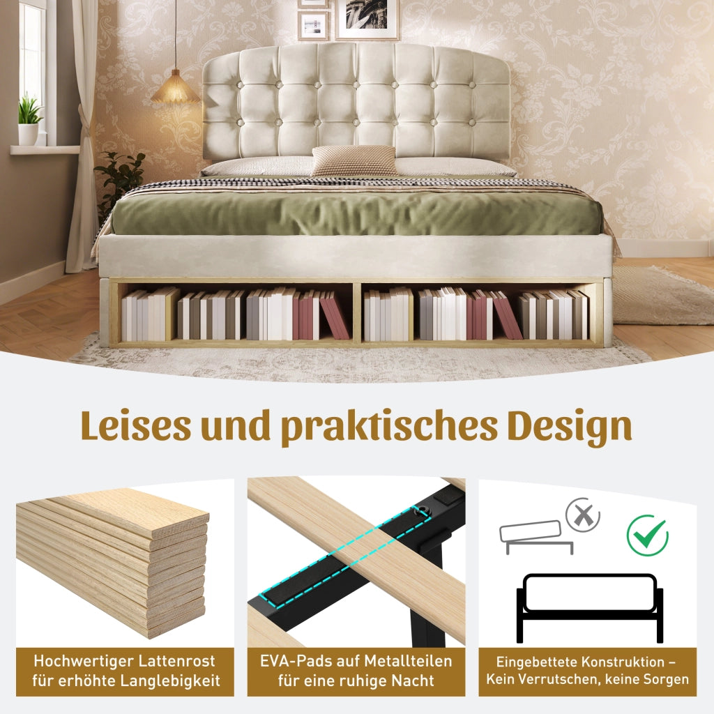 LETTO imbottito 140x190 cm in velluto beige con testiera regolabile e cassetti