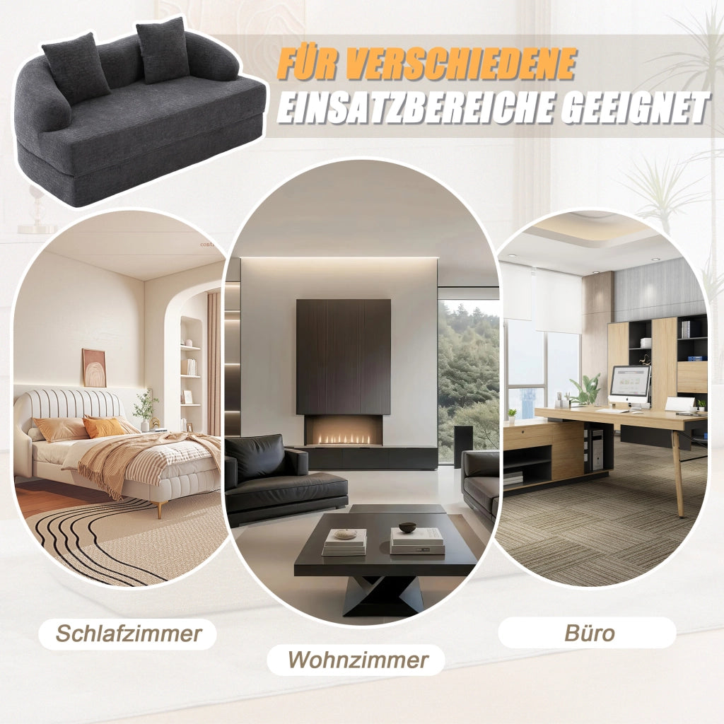 Divano letto a due posti convertibile con due cuscini e schienale ergonomico in chenille grigio scuro