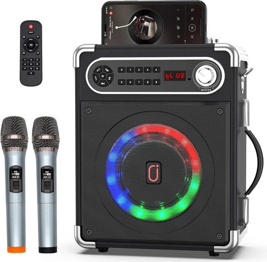 Set di karaoke - macchina karaoke con due microfoni wireless, altoparlante Bluetooth portatile con regolazione di basso/alto, telecomando e illuminazione a LED, supporta carta TF/USB, IN AUX, FM, REGISTRA (nero)