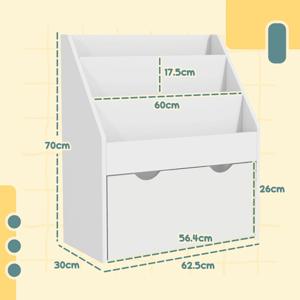 Libreria per Bambini 62.5x30x70 cm 3 Ripiani e Cassetto Inferiore Bianco