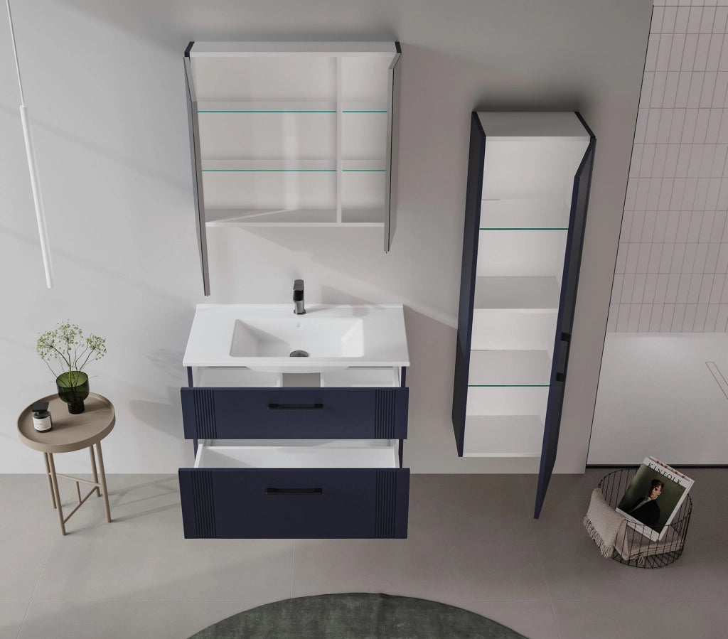 Mobile da bagno con specchio "Bari 80" - 75 x 16 x 66 cm - Blu navy opaco