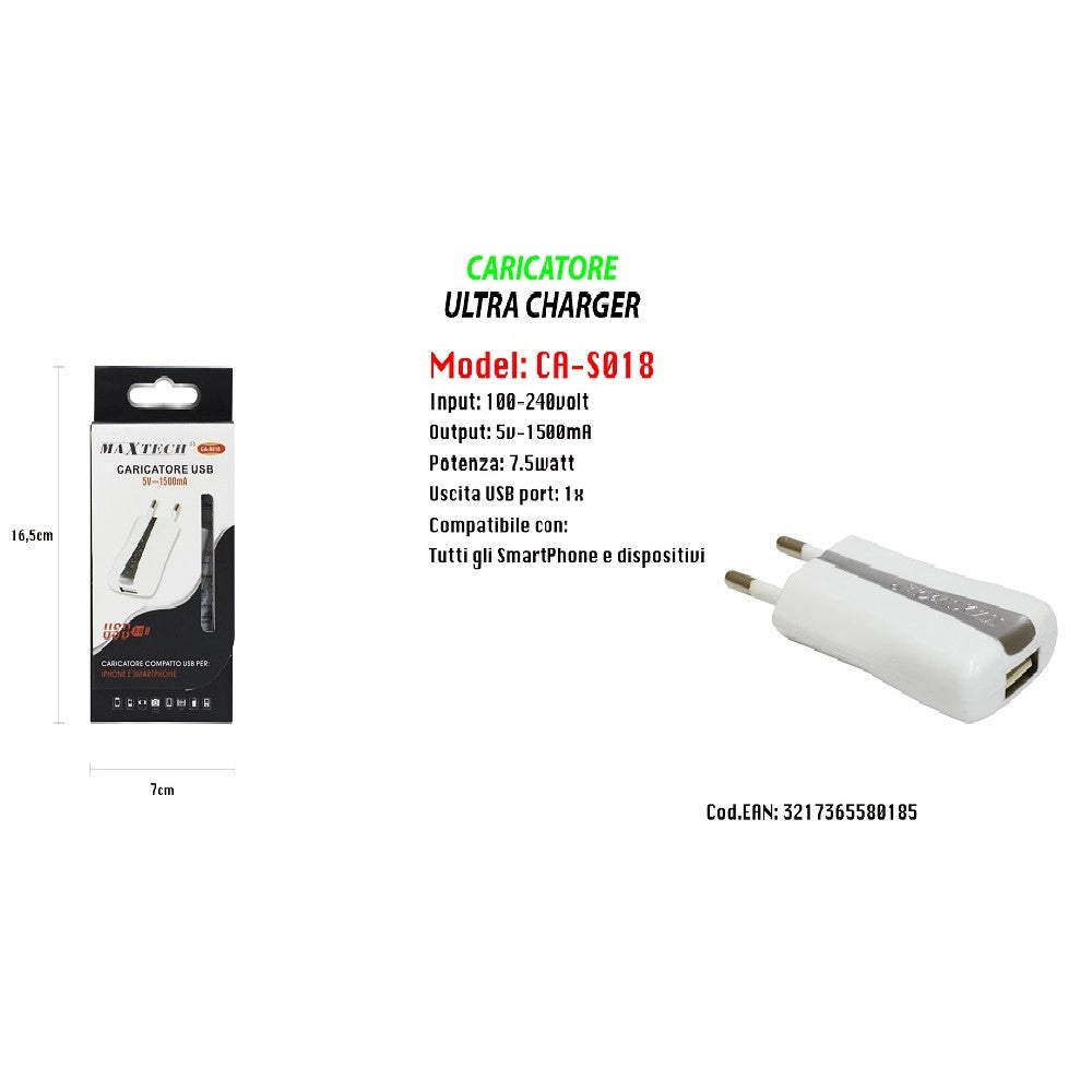 Trade Shop - Caricatore Presa Spina Usb Per Iphone Smartphone 5v-1500ma Portatile Maxtech Ca-s018 -