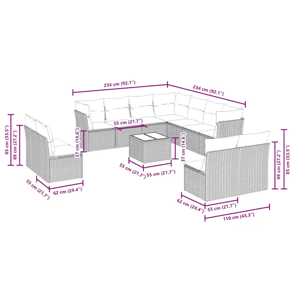 Set Divano Giardino 12 pz con Cuscini Grigio Chiaro Polyrattan