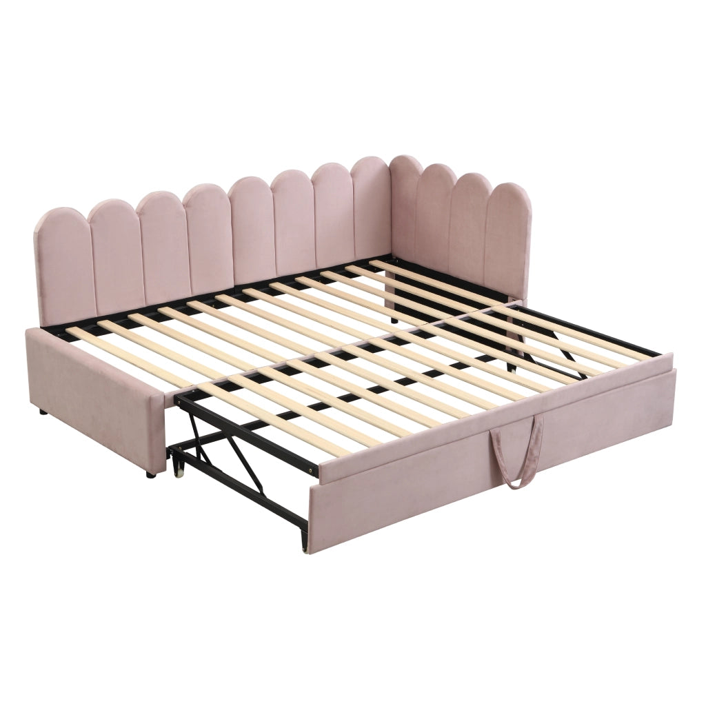 Divano letto estraibile a L 90x200/180x200 cm in velluto rosa con letto supplementare