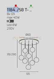 SOSPENSIONE BIANCO 8 LUCI TONDA VETRI RAME 1184BI-S8 T-RA