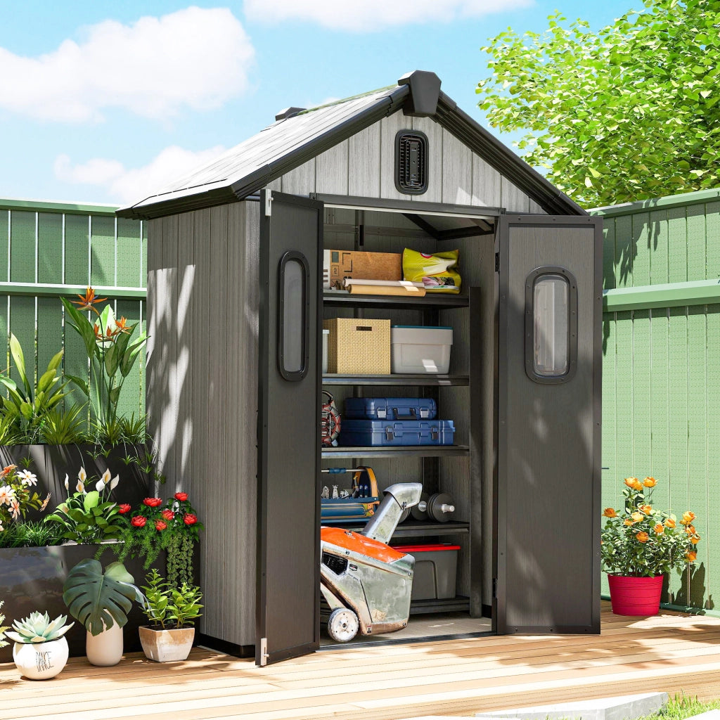 Capanno Giardino 160L x 98P x 217A cm, Plastica, Doppie Porte Bloccabili, Grigio