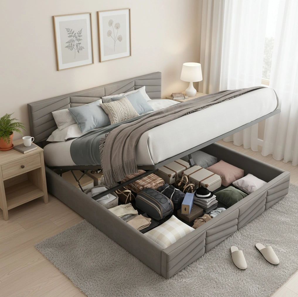 Letto imbottito matrimoniale con contenitore, testiera regolabile e design elegante