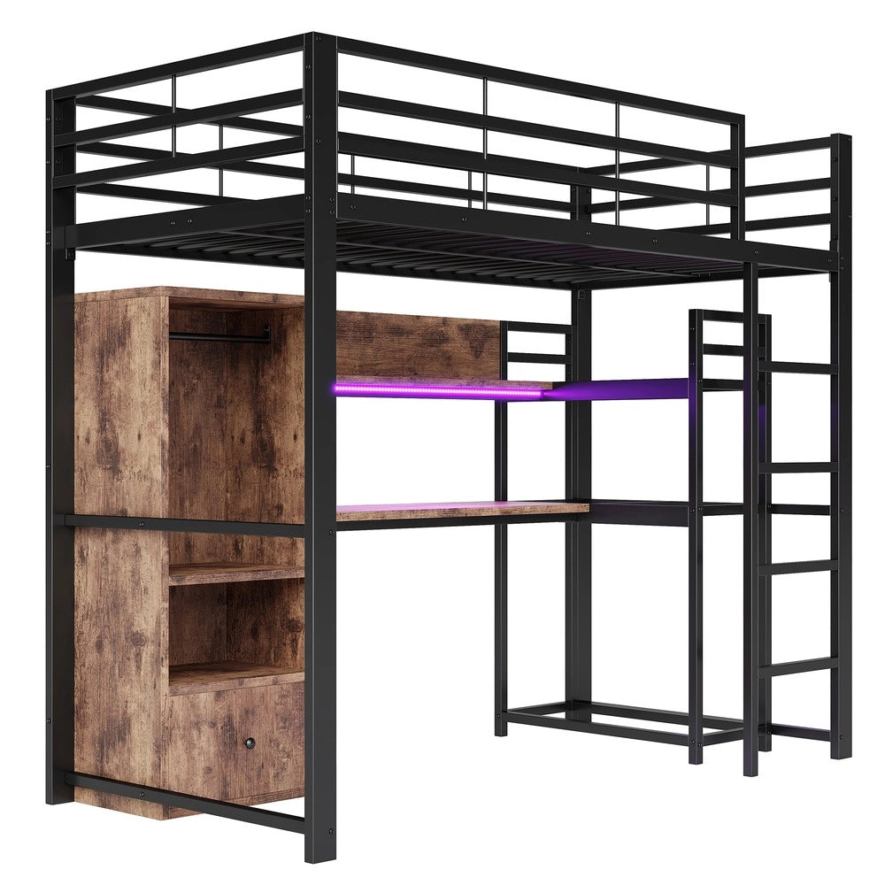 Letto a Soppalco con Scrivania e LED ¨C MINIMAL ¨C Metallo Nero 90x200, Cassetti, Rete a Doghe