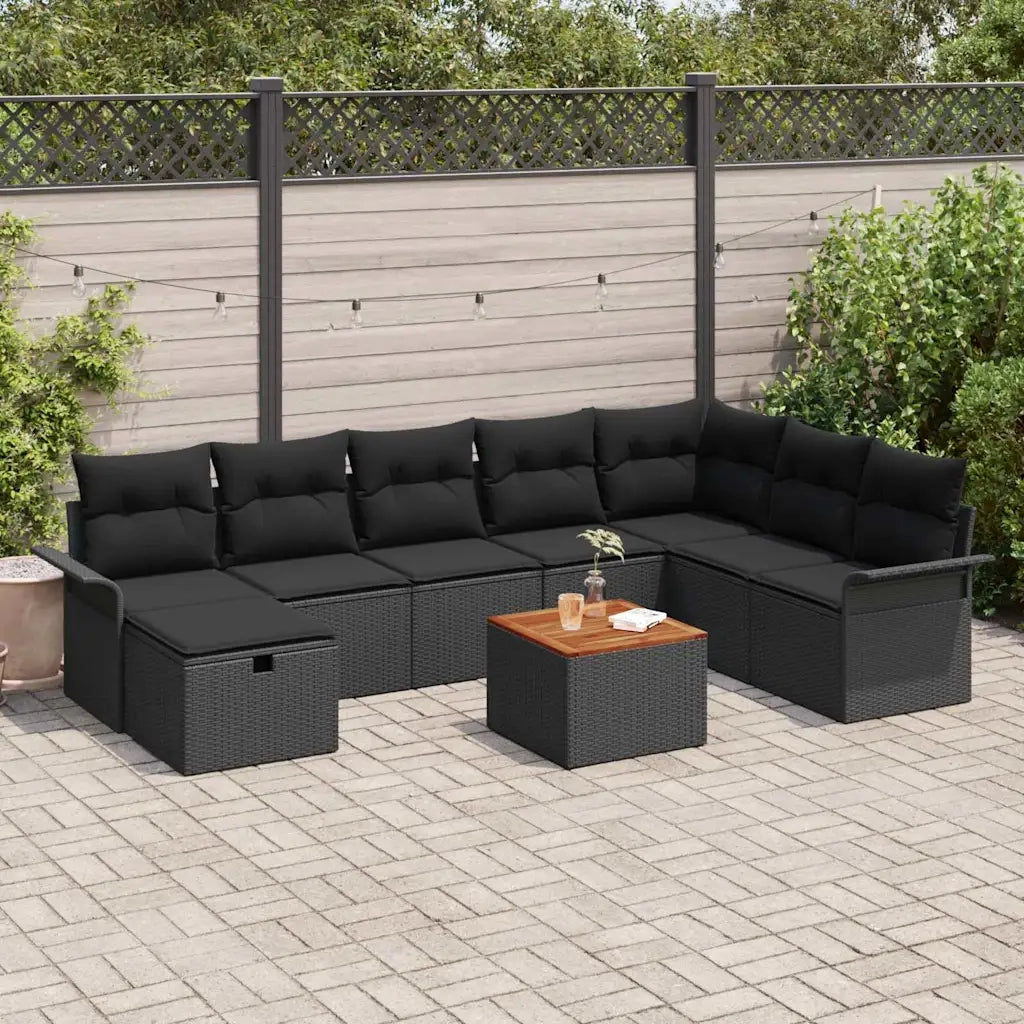 Set Divano da Giardino con cuscino 9 pcs Nero polyrattan