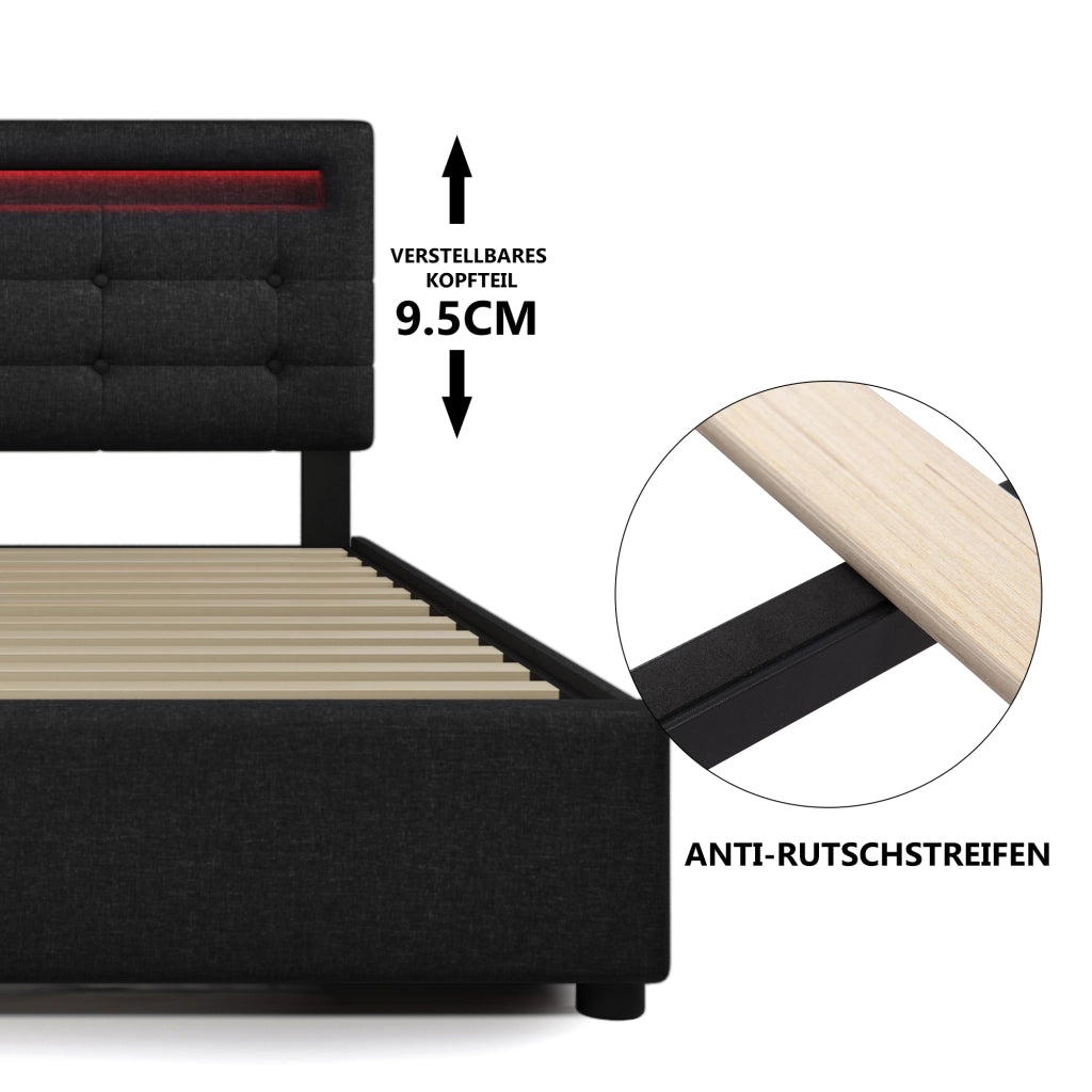 LETTO matrimoniale 140x200 cm in lino nero con LED e 4 cassetti
