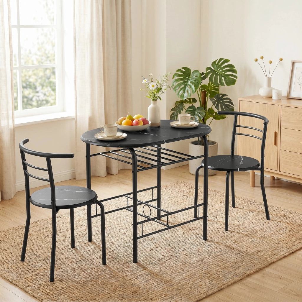 Set tavolo pranzo 3 pezzi con sedie 2 persone scaffale nero effetto marmo ¨C Xylo