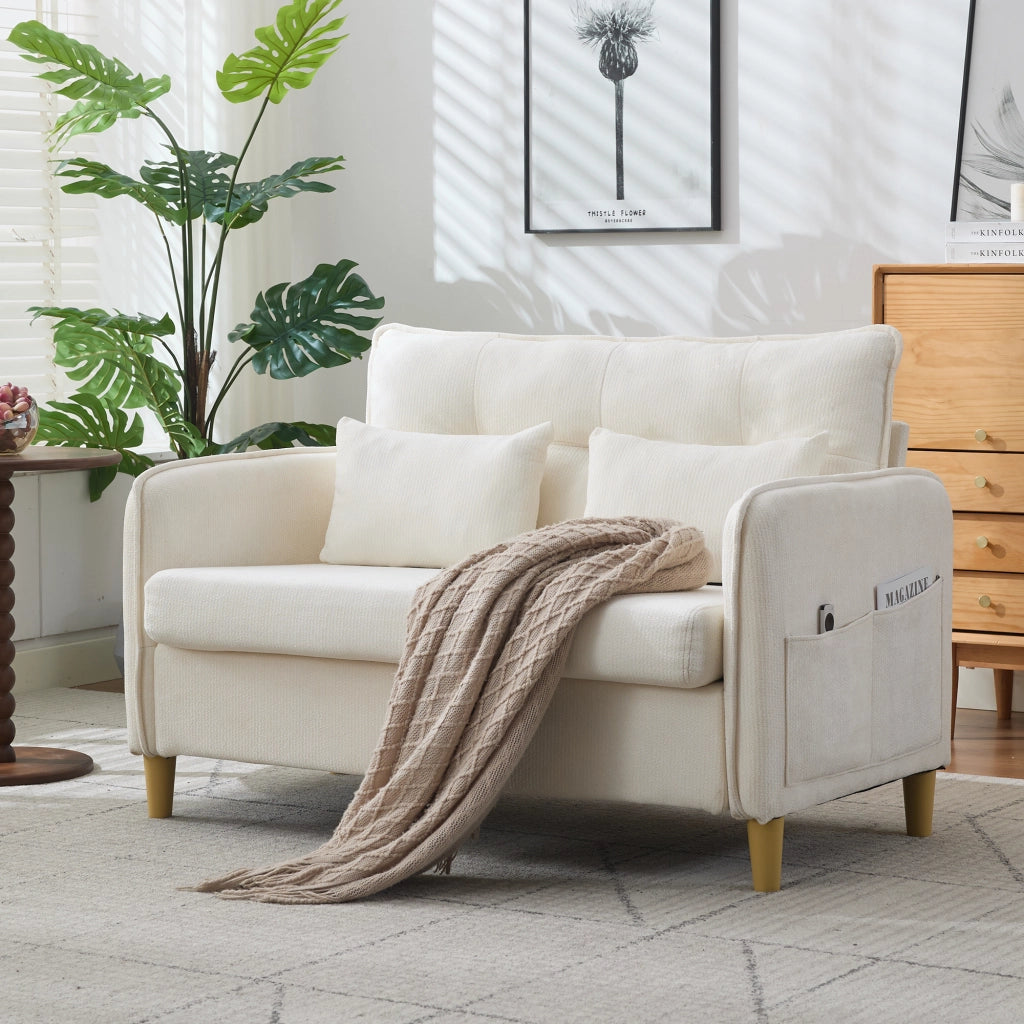 Divano Dritto 2 Posti con Tasche Laterali in Legno e Chenille Beige