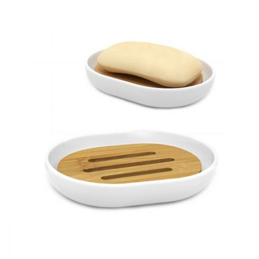 Trade Shop - Piattino Porta Sapone Saponetta Bianco Legno Accessori Bagno 12.5 X 9.5 Cm 69480 -