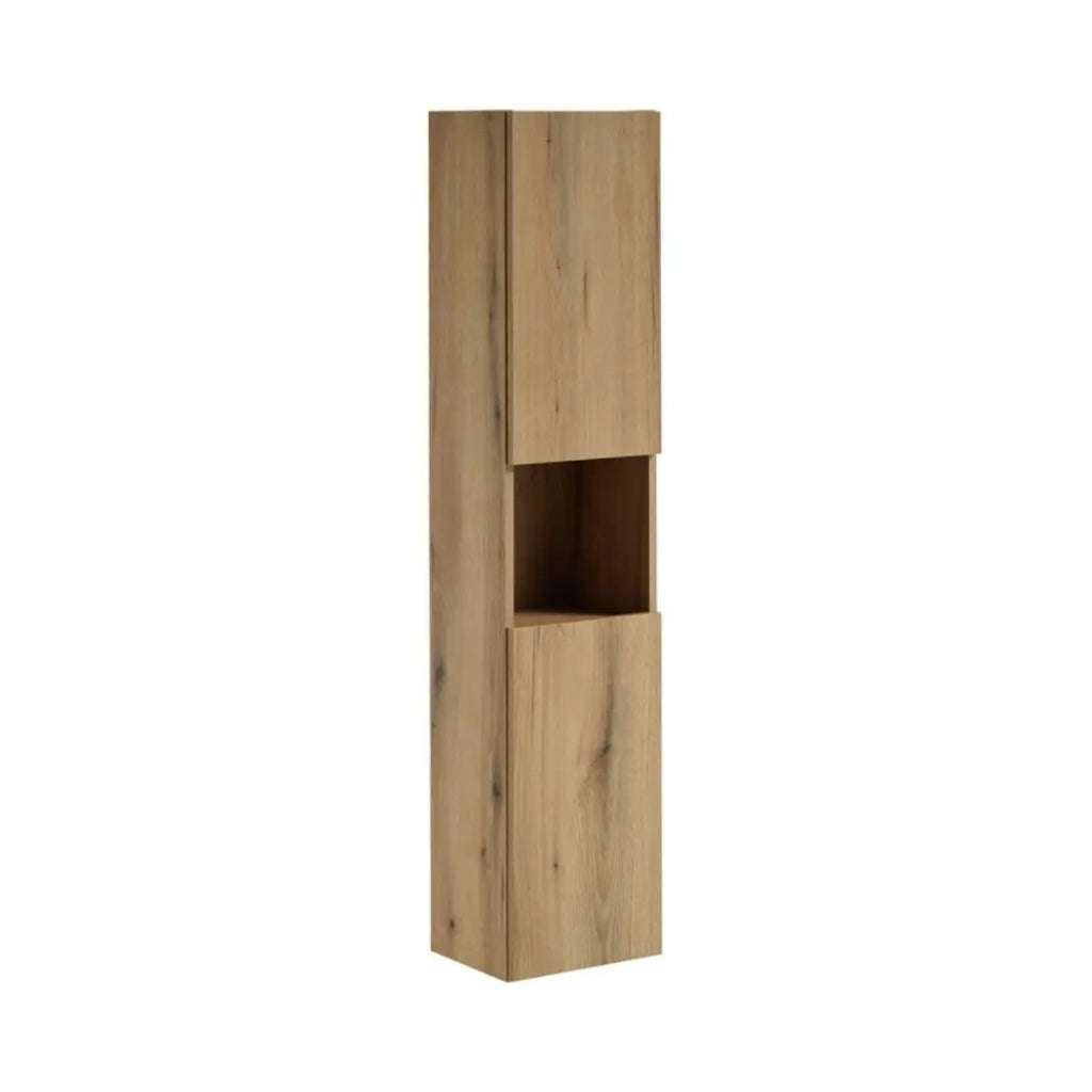 Set VANO effetto rovere e bianco 90cm: mobile sottolavabo con cassetti + piano per lavabo + lavabo da appoggio rotondo + colonna