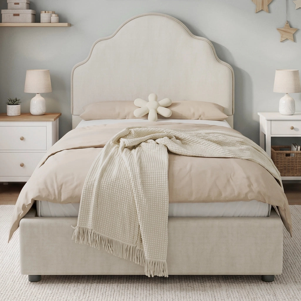LETTO imbottito per bambini 90x200 cm beige in lino con rete inclusa