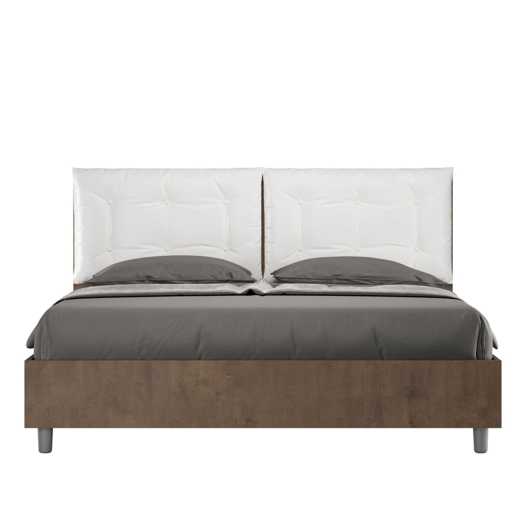 BS COM Letto matrimoniale con rete 160x190 noce cuscini similpelle bianco