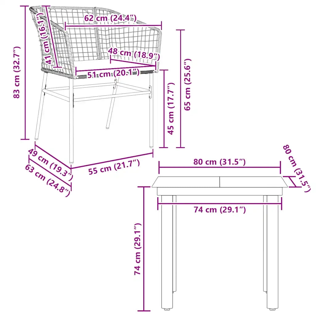 Set da Pranzo da Giardino 3 pz con Cuscini Polyrattan Vetro 3334597