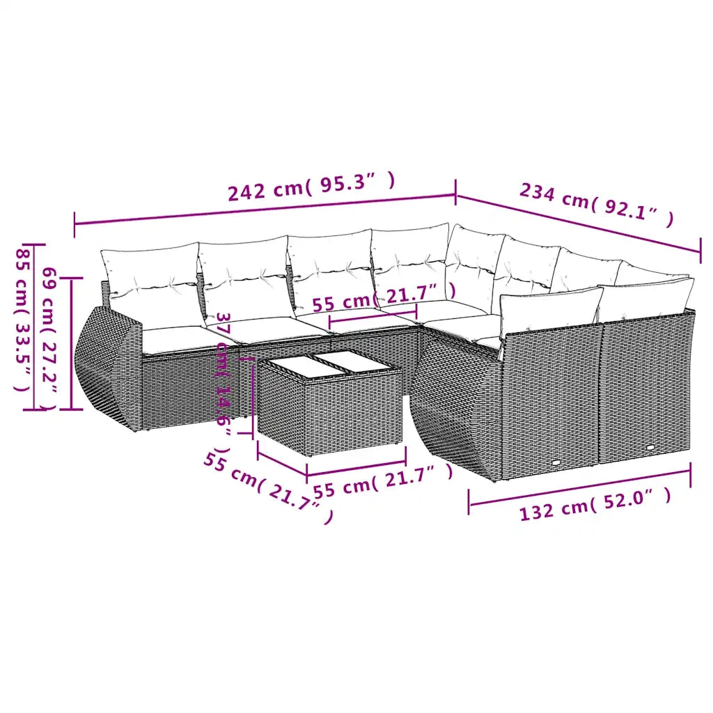 Set Divani da Giardino 9pz con Cuscini Marrone in Polyrattan 3253500