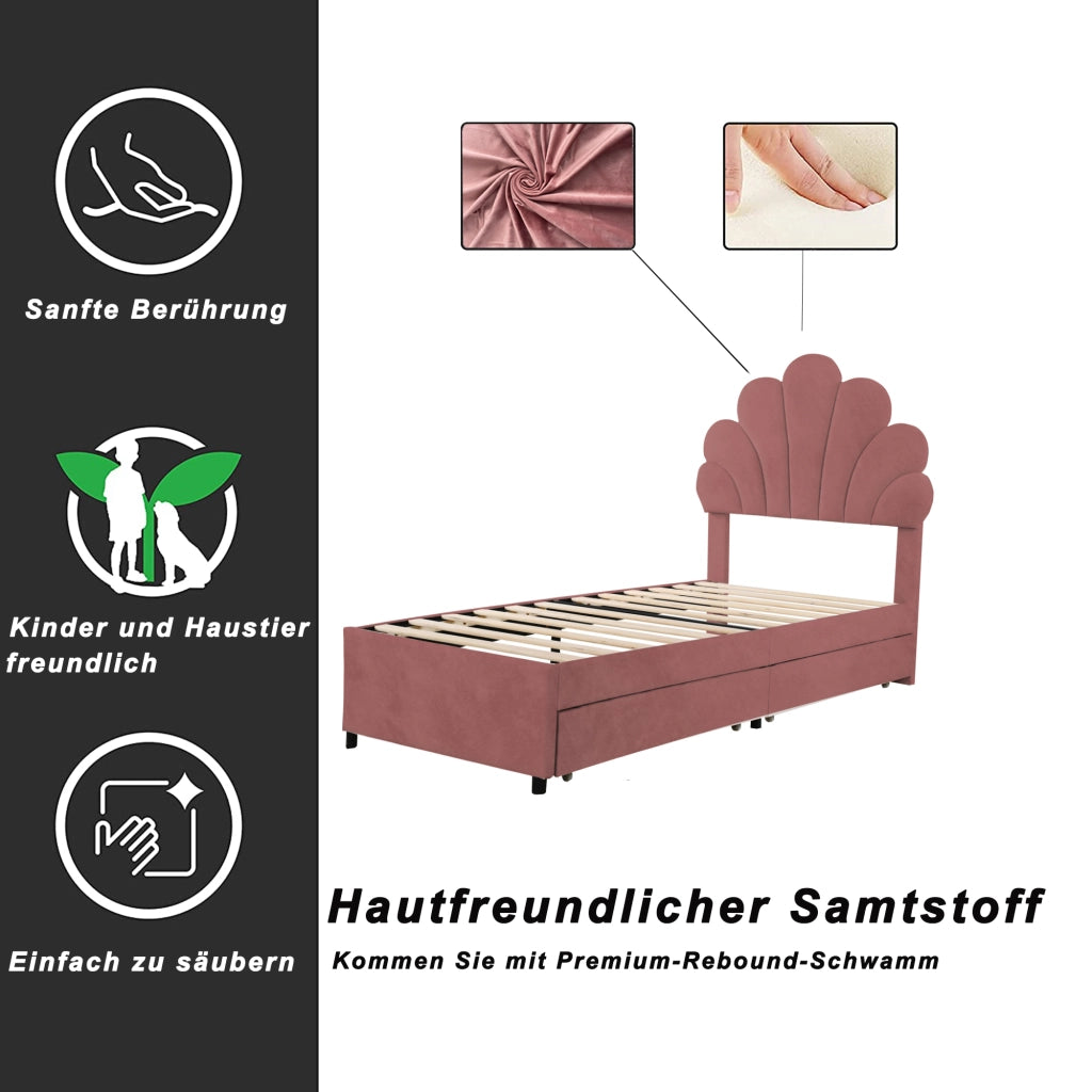 LETTO Imbottito 90x200 cm in velluto Rosa con 2 cassetti