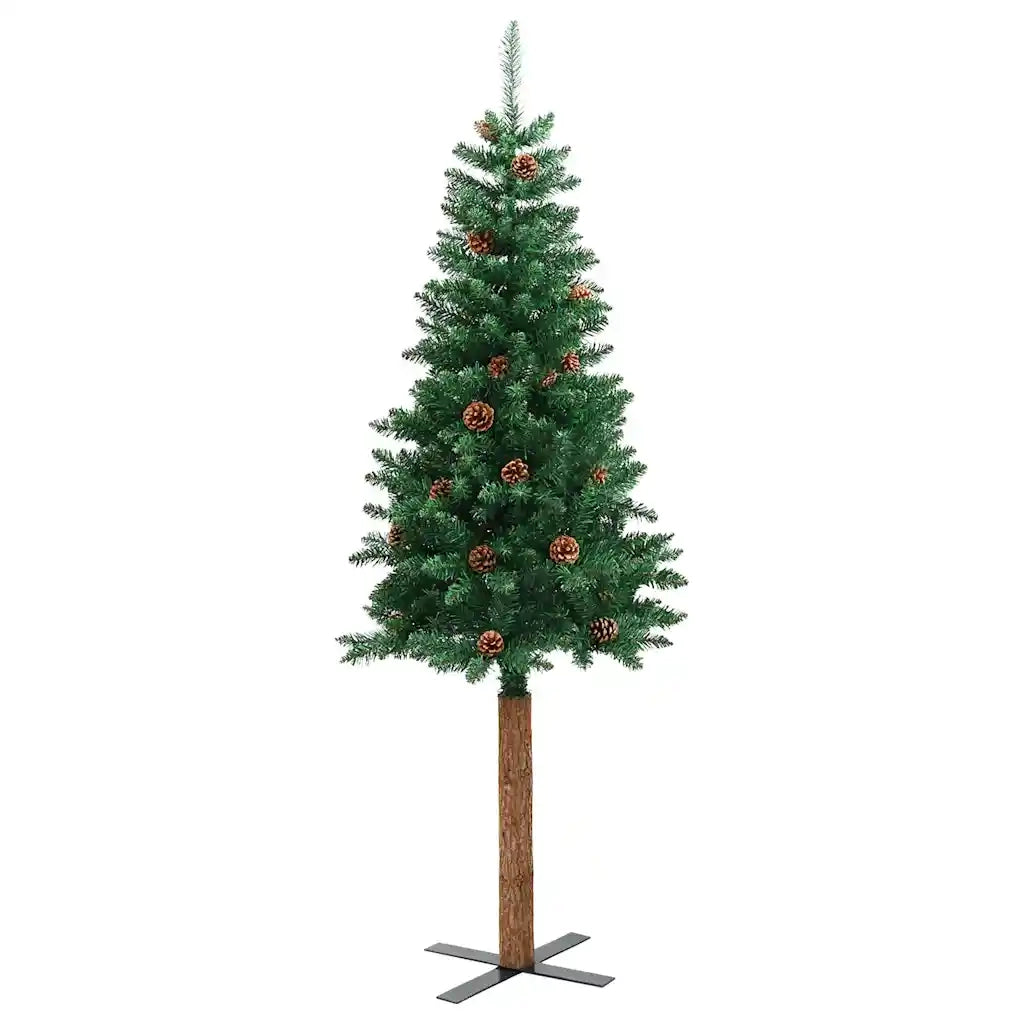 Albero di Natale Sottile con Legno Vero e Pigne Verde 150cm PVC 320957